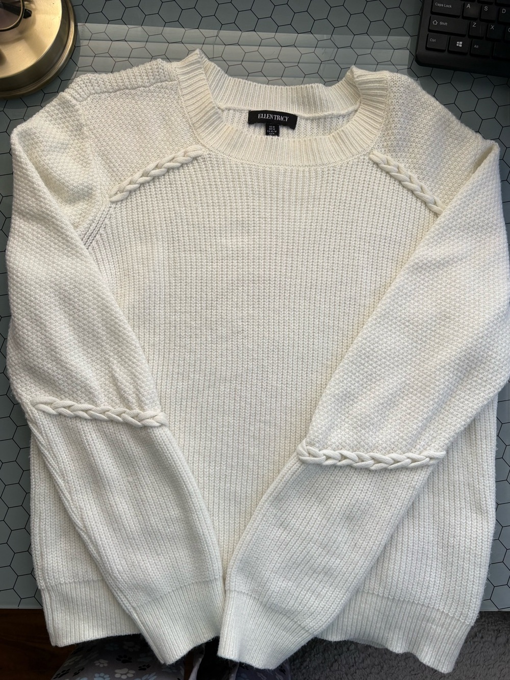 Ellen Tracy Cream Braided-Detail Crewneck Sweater